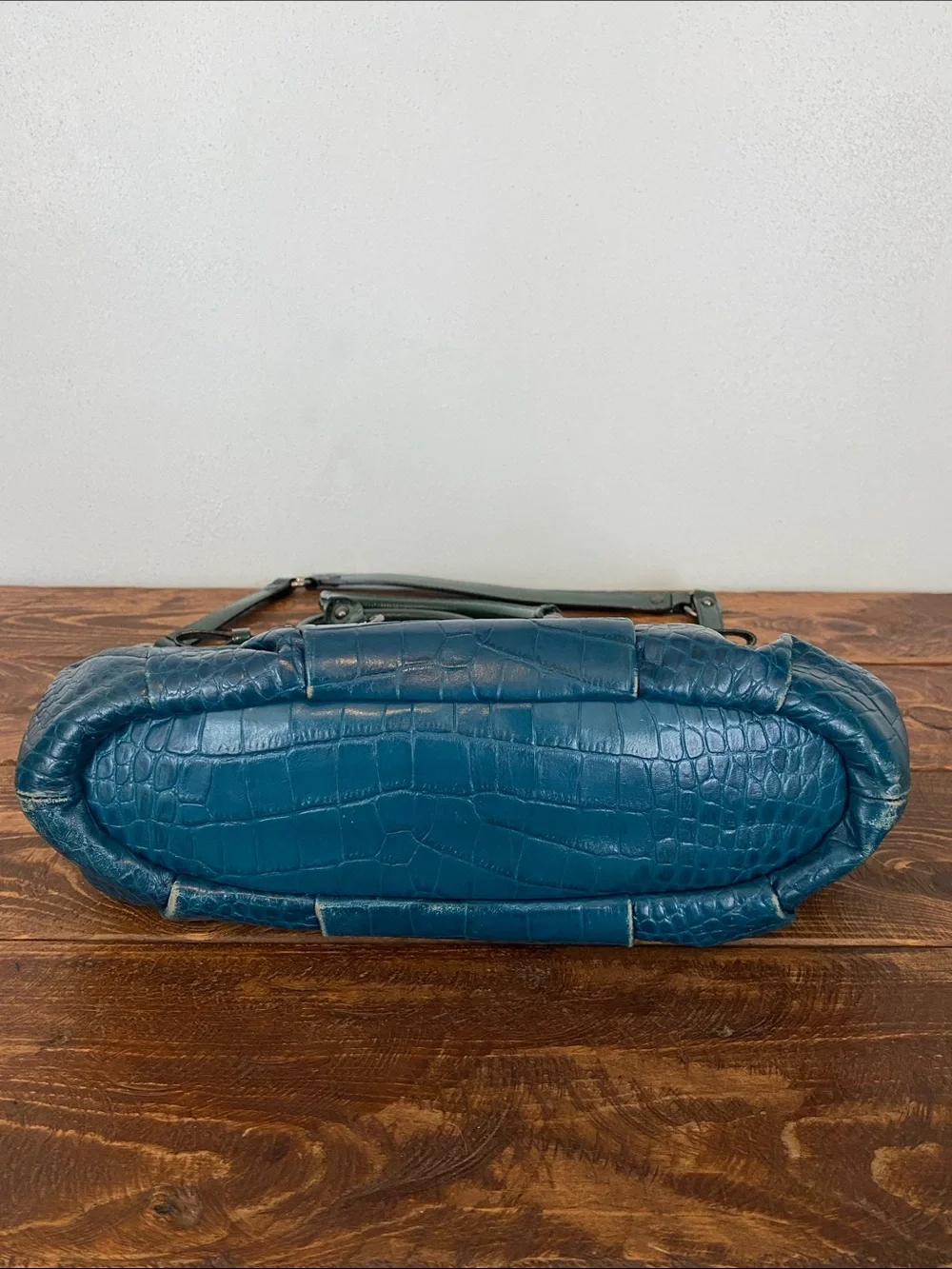 Coach Teal Croc-Embossed Leather Shoulder Bag with Dark Green Trim